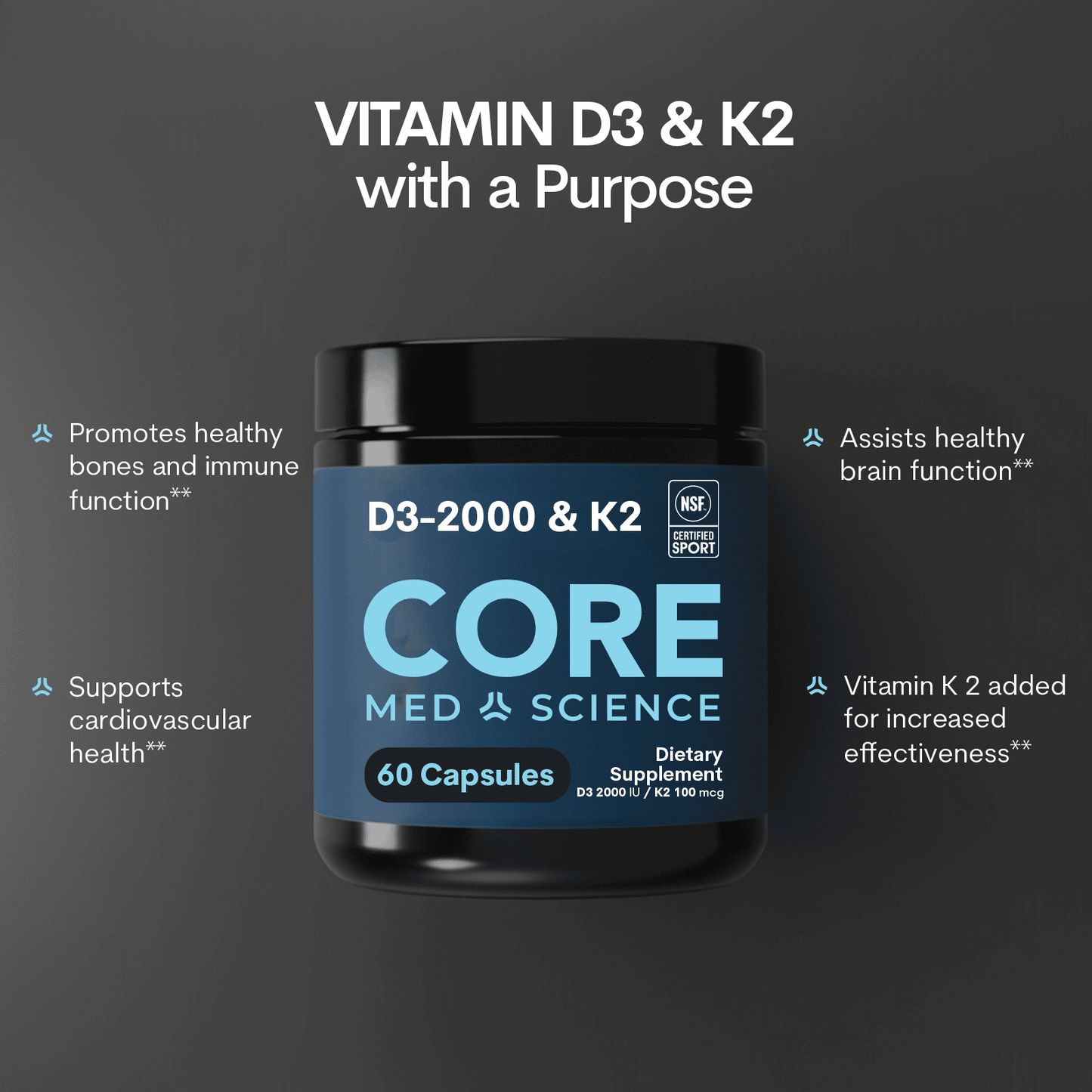 Vitamin D3 2000IU + K2: Bottle (60 Count)